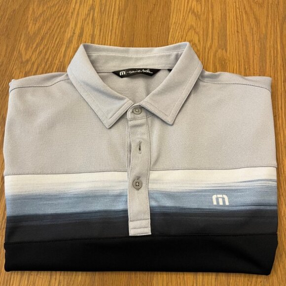 Travis Mathew Other - Travis Mathew polo in large Grey with white, blue and black stripe